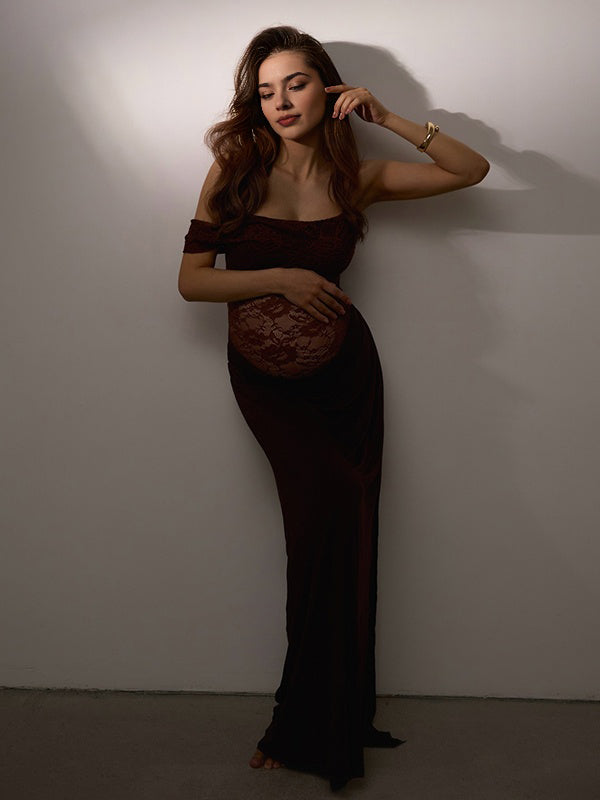 Mumsmode Chique Bruin Kanten Patchwork Onregelmatig Een Open Schouder Bodycon Fotoshoot Zwangerschaps Maxi Jurk