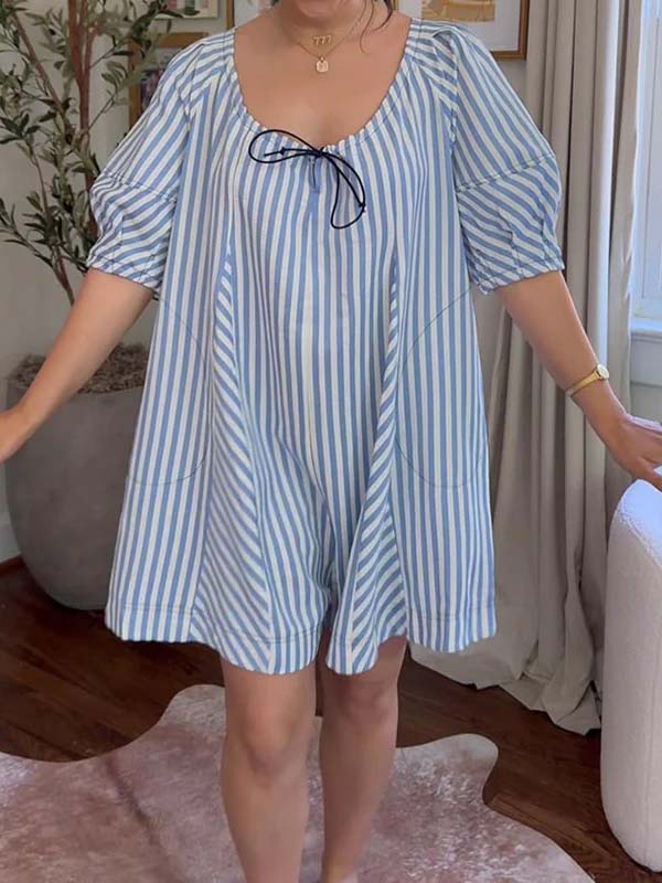 Mumsmode Zwangerschaps Mini Jurk Dagelijkse Vakantie Gestreept Vlinderdas Zakken A-Lijn Blauw