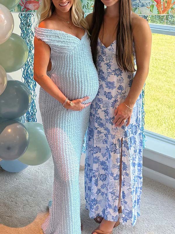 Mumsmode Zwangerschaps Maxi Babyshower Jurk Chique Gekreukt Rugloos Off Shoulder Blauw