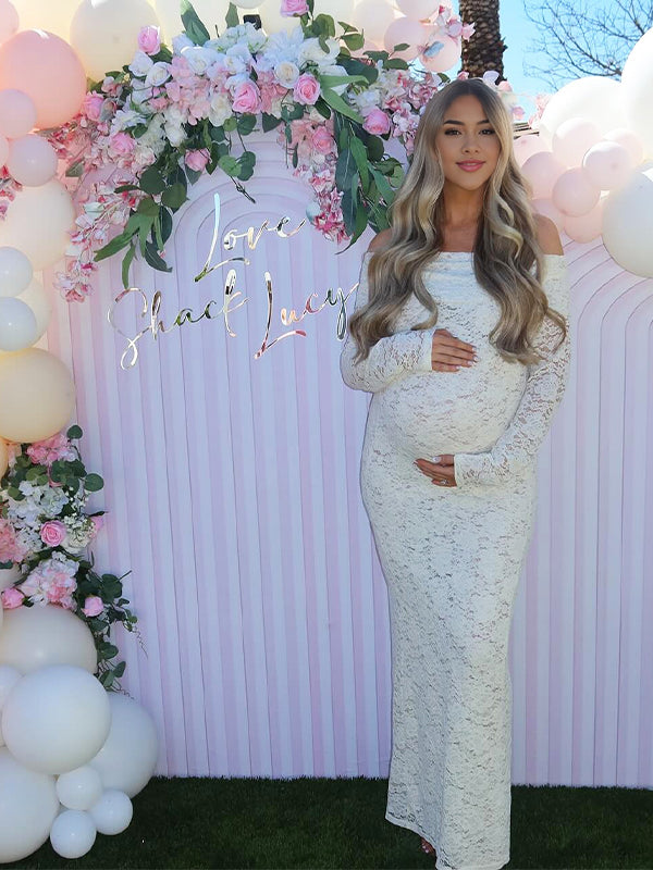 Mumsmode Zwangerchaps Maxi Jurk Kanten Off Shoulder Zijsplit Babyshower Wit