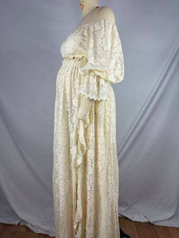 Boho Zwangerschaps Maxi Jurk Kant Off-Shoulder Kwastjes Tweedelige Set