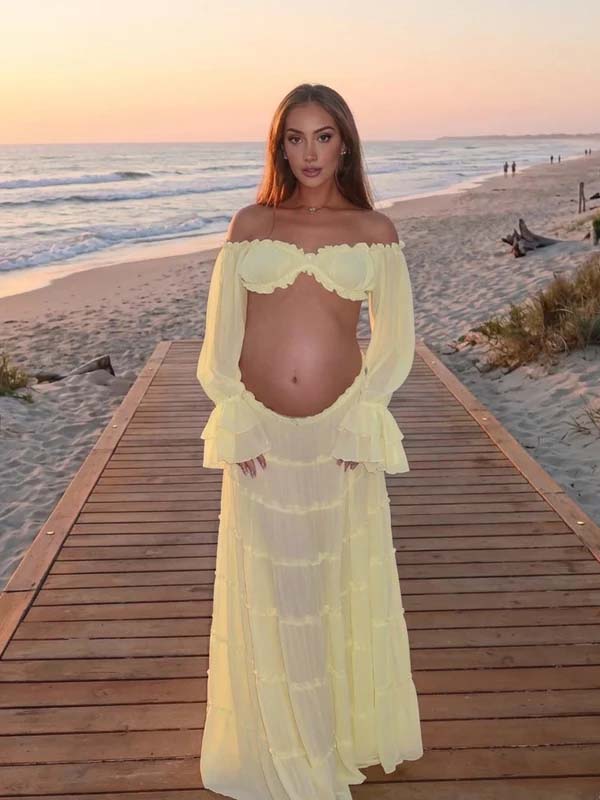 Gele Zwangerschaps Maxi Jurk Off-Shoulder Ruches Crop Top Tweedelige Set Zwierige Rok