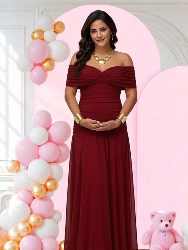Mumsmode Elegant Tule Gekreukt Off Shoulder Vloeiend Babyshower Zwangerschaps Maxi Jurk
