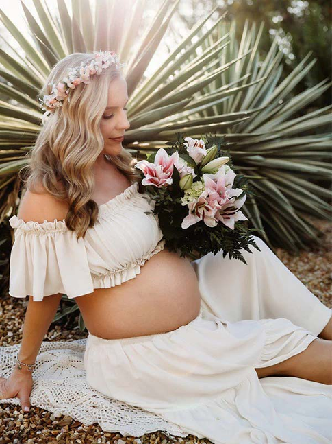 Mumsmode Bohemian Zwangerschaps Tweedelige Set Maxi Jurk Off-Shoulder Rugloos Ruches Fotoshoot
