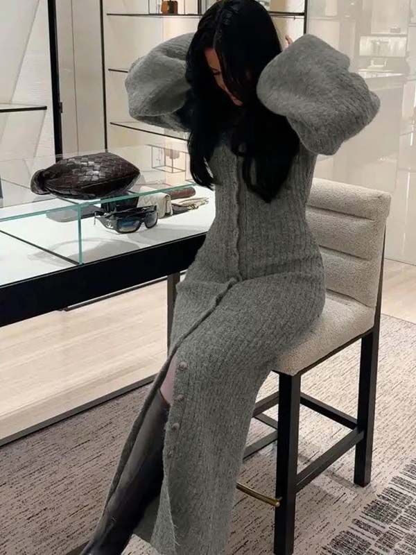 Mumsmode Zwangerschaps Maxi Truien Jurk Elegant Chique Dagelijks Gebreide Enkele Borst Lantaarn Mouw