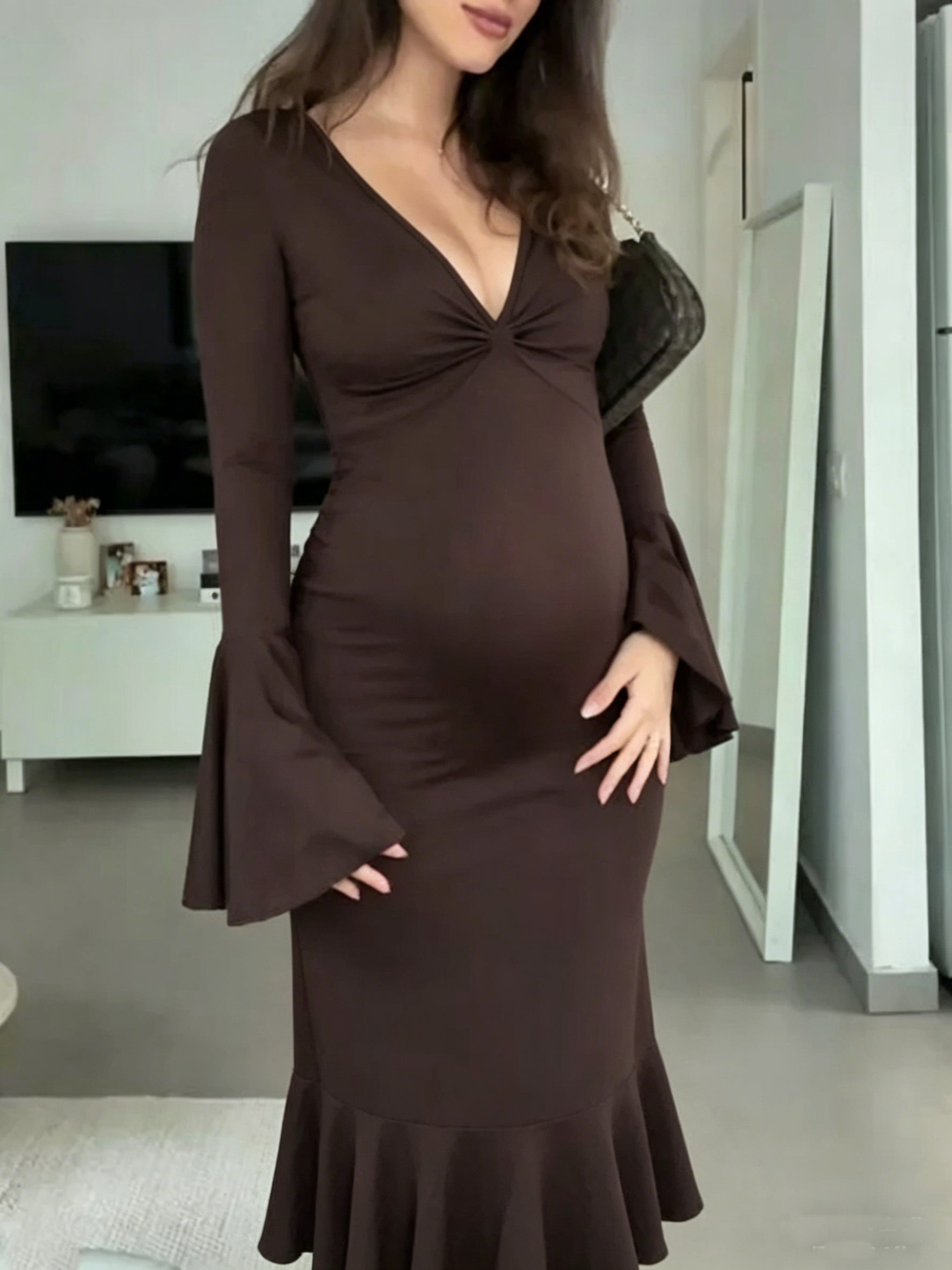 Mumsmode Zwangerschaps Maxi Jurk Babyshower Ceremonie Bodycon Ruches Zeemeermin Knoop