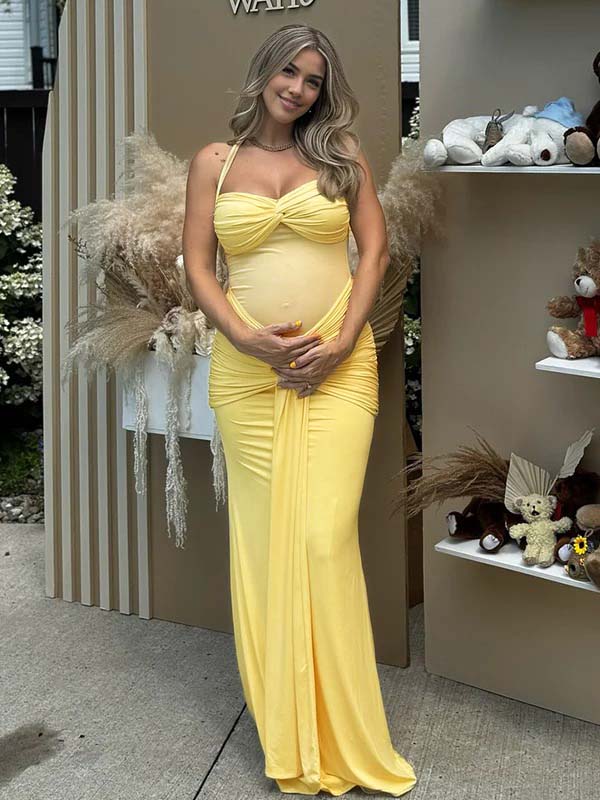 Mumsmode Zwangerschaps Maxi Jurk Mesh Geplooid Gedrapeerd Halterhals Rugloos Babyshower
