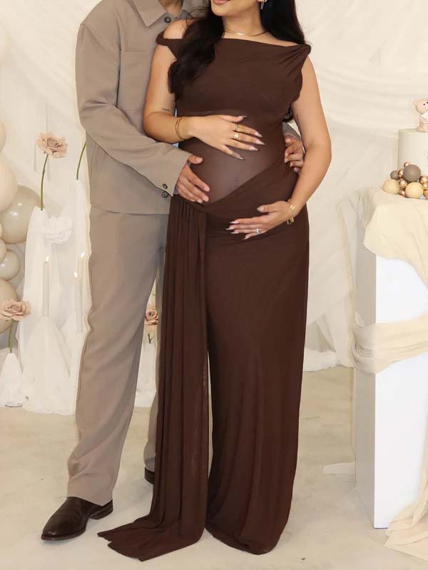 Mumsmode Donkerbruin Zwangerschaps Maxi Jurk Asymmetrische Schouder Gedrapeerd Zoom Geplooid Babyshower