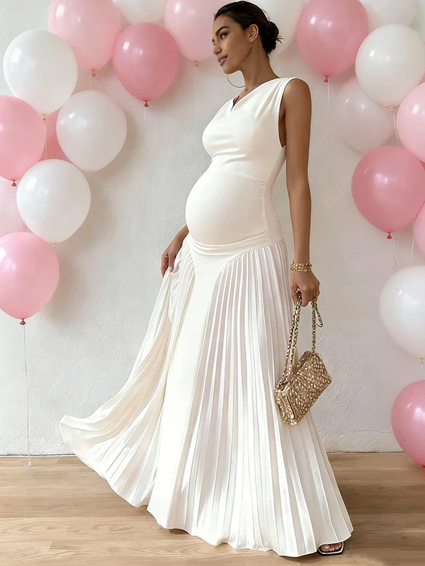 Mumsmode Zwangerschaps Maxi Jurk Babyshower Ceremonie Elegant Geplooid A-Lijn Wit