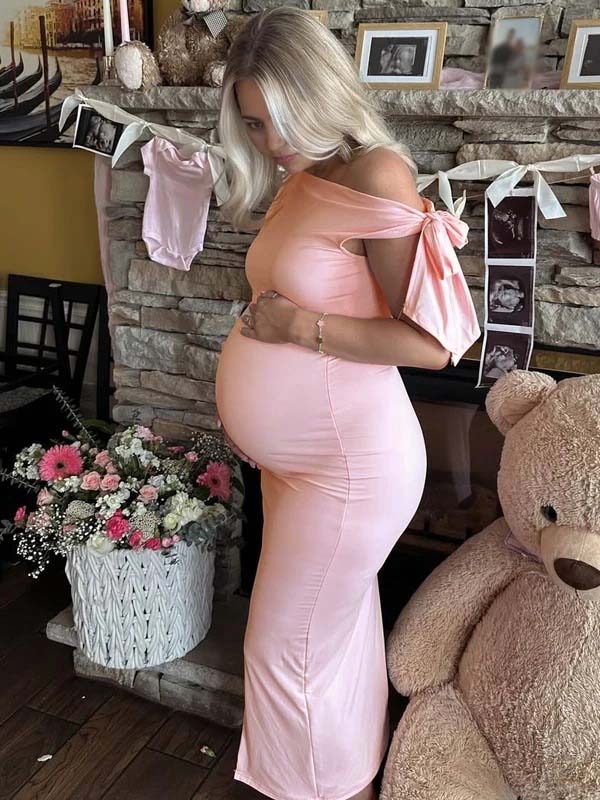 Mumsmode Roze Zwangerschaps Maxi Jurk Strik Één Schouder Elegant Babyshower