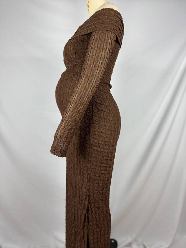 Mumsmode Zwangerschaps Bodycon Jurken Elegant Ceremonie Tule Golvende Rand Off Shoulder Maxi Jurken