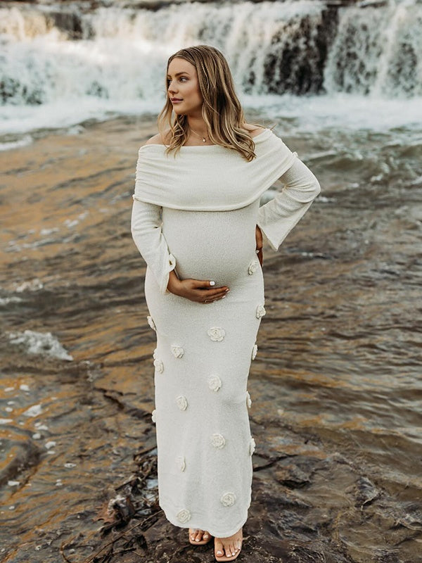 Mumsmode Zwangerchaps Maxi Fotoshoot Jurken Appliques Boot Nek Flare Mouw Wit