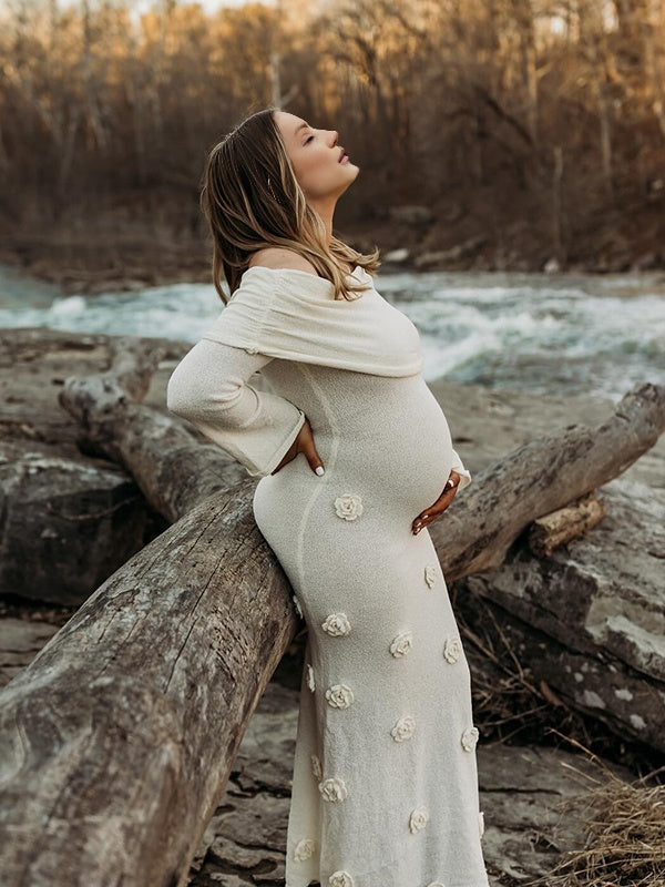 Mumsmode Zwangerchaps Maxi Fotoshoot Jurken Appliques Boot Nek Flare Mouw Wit