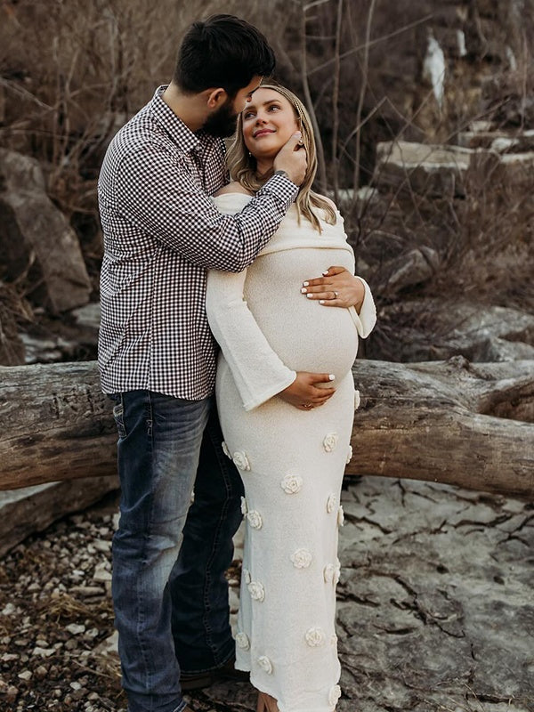 Mumsmode Zwangerchaps Maxi Fotoshoot Jurken Appliques Boot Nek Flare Mouw Wit