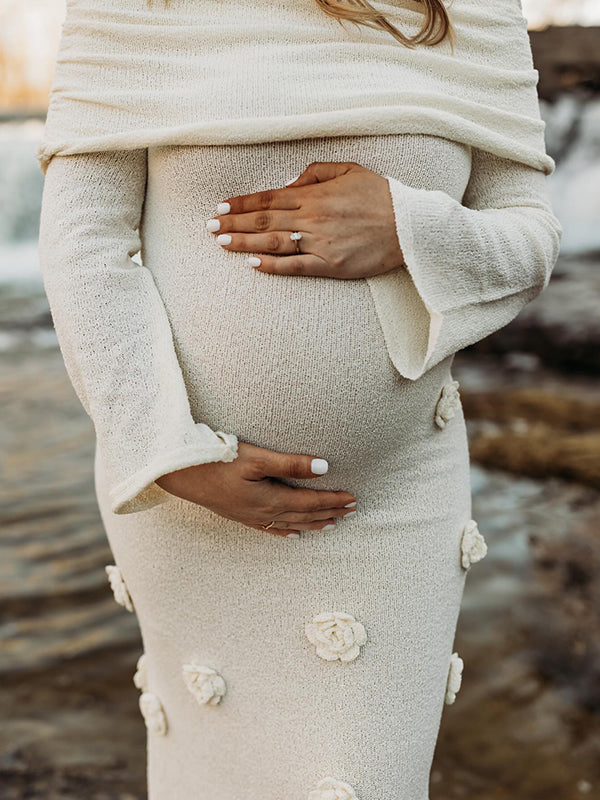 Mumsmode Zwangerchaps Maxi Fotoshoot Jurken Appliques Boot Nek Flare Mouw Wit