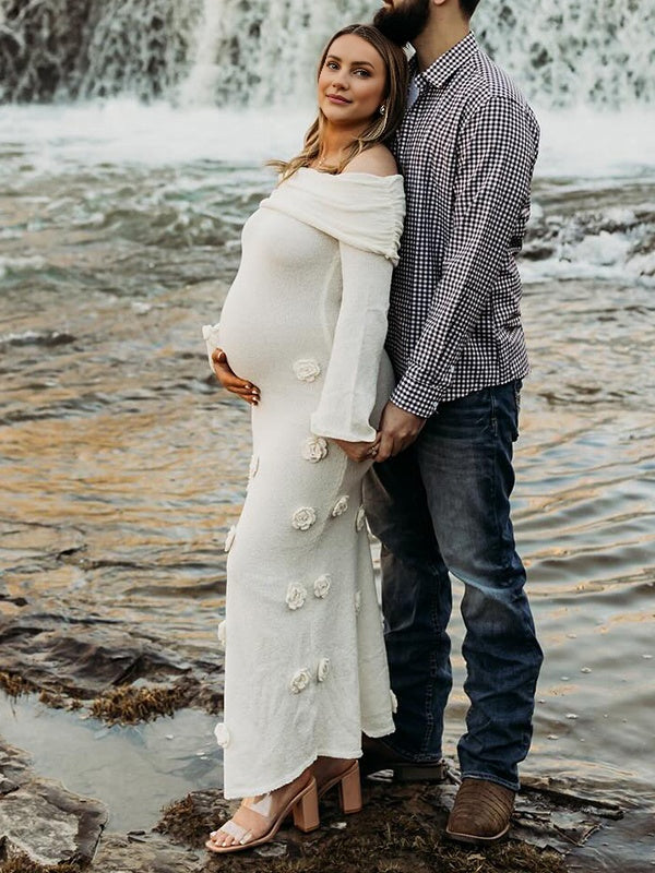 Mumsmode Zwangerchaps Maxi Fotoshoot Jurken Appliques Boot Nek Flare Mouw Wit