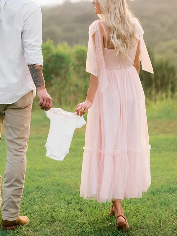 Mumsmode Zwangerchaps Cocktailjurken Elegante Fotoshoot Tule Stippenprint Spaghetti Maxi Jurken