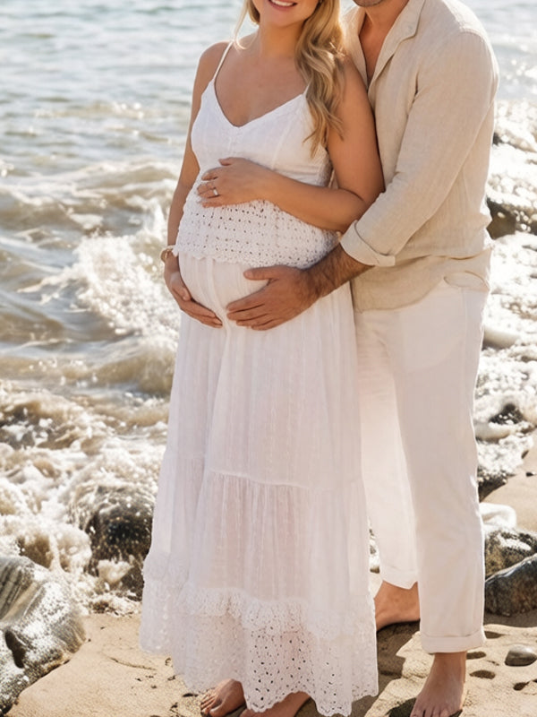Witte Boho Zwangerschaps Tweedelige Set Maxi Jurk Kant Rugloos Spaghettibandjes