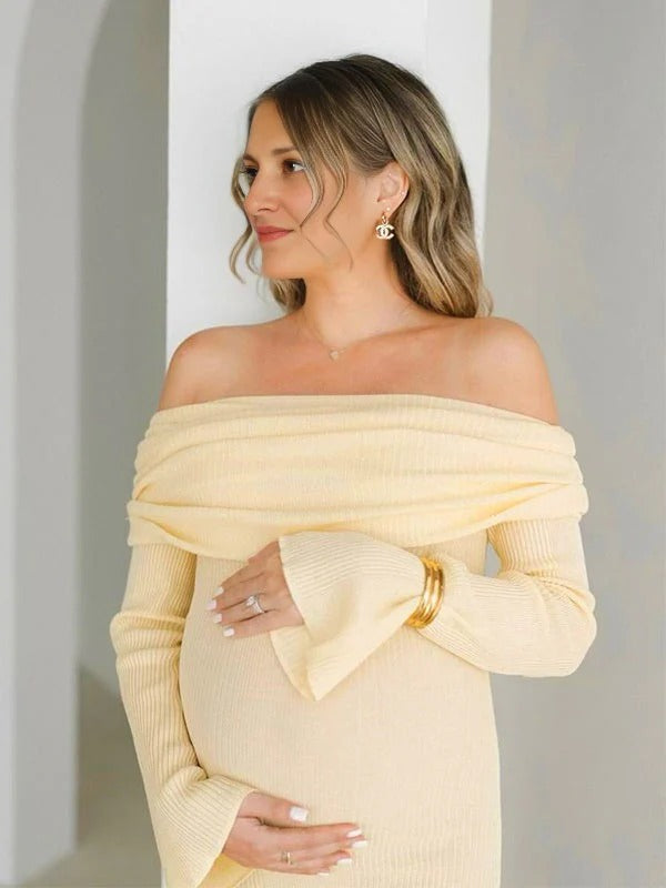 Mumsmode Zwangerschaps Bodycon Jurken Elegant Ceremonie Gestreept Gekreukt Off Shoulder Maxi Jurken