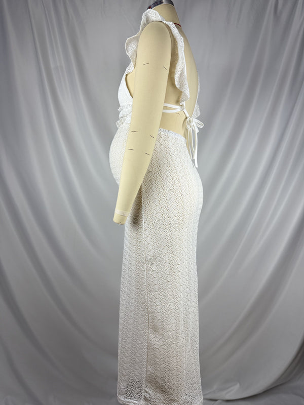 Mumsmode Zwangerchaps Maxi Fotoshoot Jurk Elegant Rugloos Breien V-hals Wit