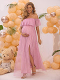 Mumsmode Zwangerchaps Maxi BabyShower Jurken Tule Pailletten Zijsplit Roze