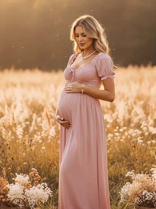 Mumsmode Zwangerschaps Boho Maxi Jurk Ruches Geplooid Vetersluiting Wijde Zwier Boho Fotoshoot
