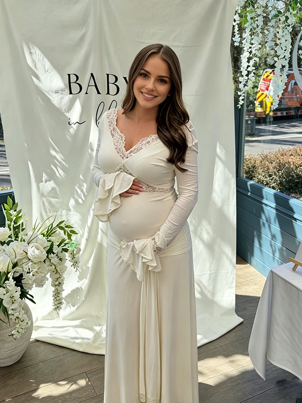 Mumsmode Maxi Babyshower Zwangerschapsjurk Kant Ruches Flare Mouwen Elegante Jurk Fotoshoot Gender Reveal