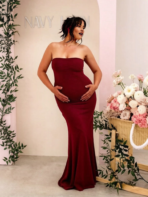 Mumsmode Chique Rood Bandeau Bodycon Zeemeermin Lintjes Babyshower Zwangerschaps Maxi Jurk