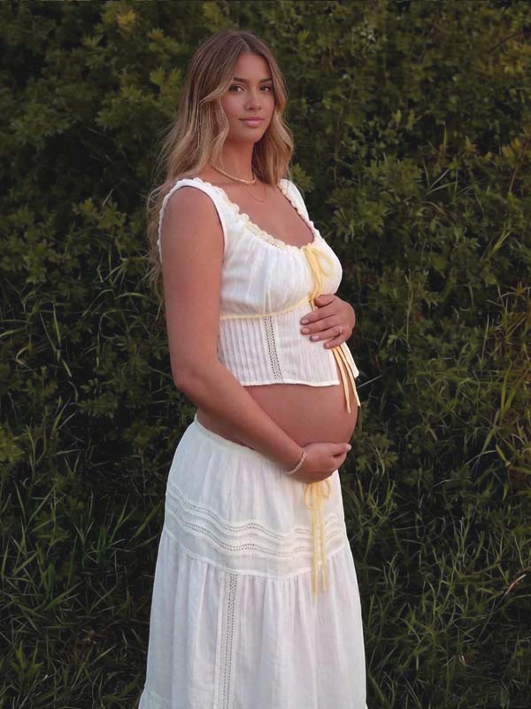 Witte Kanten Zwangerschaps Maxi Jurk Hoge Taille Tweedelige Set Boho