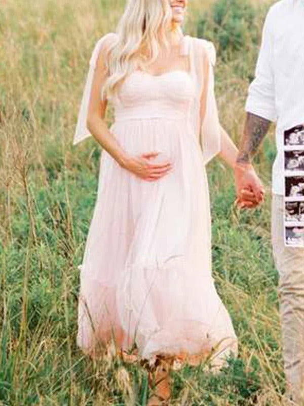 Mumsmode Zwangerchaps Cocktailjurken Elegante Fotoshoot Tule Stippenprint Spaghetti Maxi Jurken