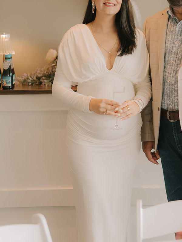 Mumsmode Babyshower Bruiloft Gast Maxi Zwangerschapsjurk Bodycon Chique Gekreukt Diepe Halslijn