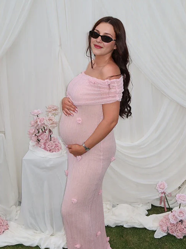 Mumsmode Zwangerschaps Maxi BabyShower Jurk Chique Off Shoulder Tule 3D Bloemen Bodycon