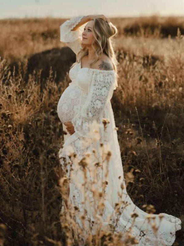 Boho Zwangerschaps Maxi Jurk Kant Off-Shoulder Kwastjes Tweedelige Set