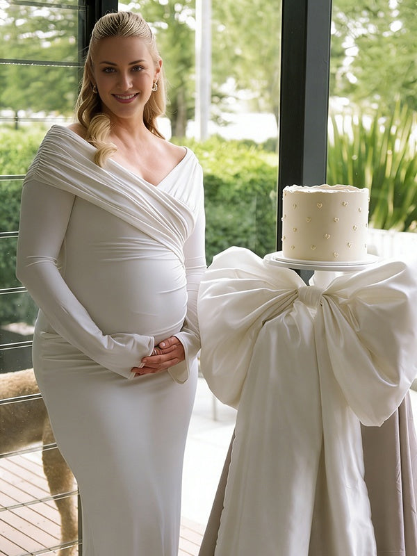 Mumsmode Zwangerschaps Maxi Babyshowerjurk Elegant Chique Patchwork Gekreukt Bodycon Fotoshoot