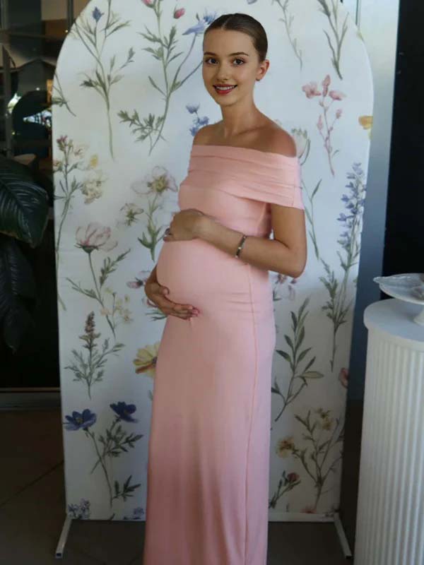 Mumsmode Chique Roze Off Shoulder Bodycon Rugloos Babyshower Zwangerschaps Maxi Jurk