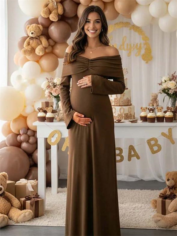 Mumsmode Zwangerschaps Maxi Cocktailjurk Chique Elegant Off Shoulder Gekreukt Trapeze