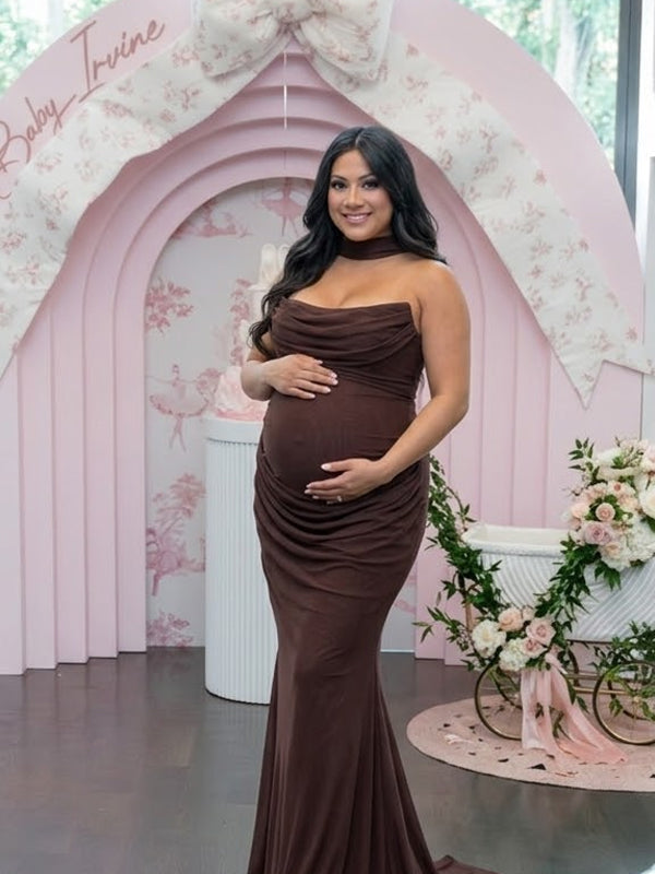 Bruine Mesh Straploze Bodycon Zwangerschaps Maxi Jurk Geplooid Design
