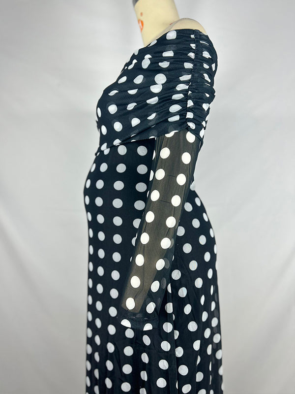 Mumsmode Zwangerchaps Maxi Cocktail Jurken Elegante Zwart En Wit Stippenprint Off Shoulder Gekreukt Bodycon