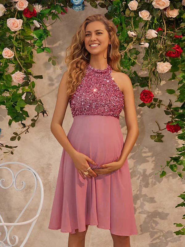 Mumsmode Zwangerchaps Korte Cocktail Jurk Elegant Pailletten Rugloos Halternek Roze