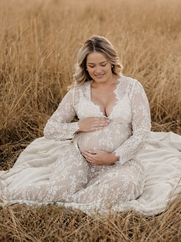 Mumsmode Zwangerschaps Kanten Maxi Jurk Elegante Boho Doorzichtige Borduursel Fotoshoot