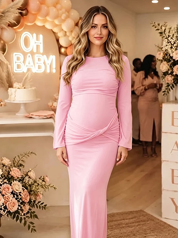 Elegante Roze Gedrapeerde Bodycon Zwangerschaps Maxi Babyshower Jurk