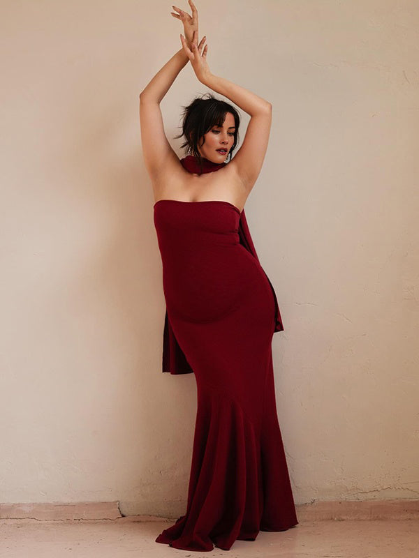 Mumsmode Chique Rood Bandeau Bodycon Zeemeermin Lintjes Babyshower Zwangerschaps Maxi Jurk