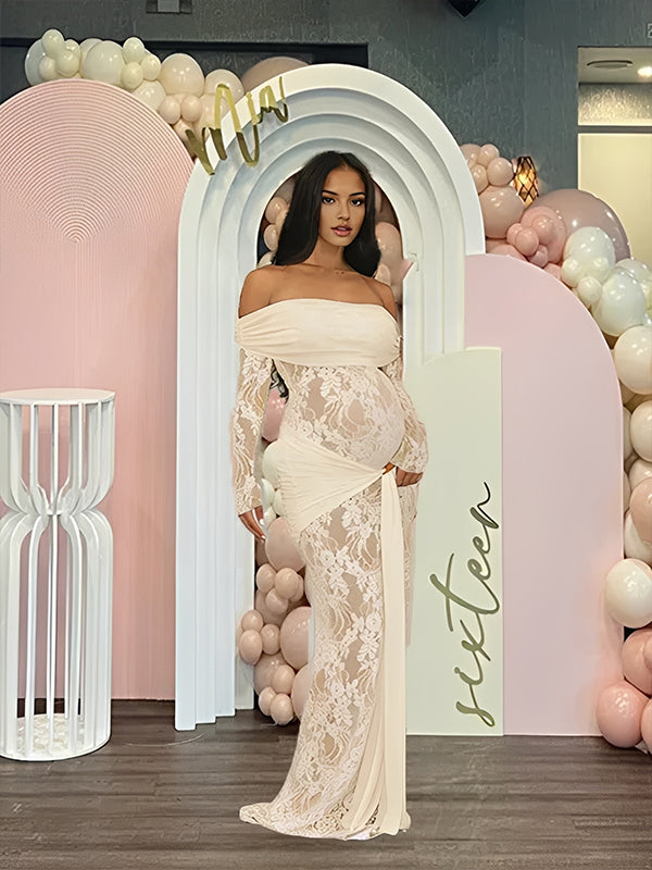 Mumsmode Abrikozen Zwangerschaps Maxi Jurk Off Shoulder Kant Ingezet Vetersluiting Babyshower