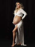 Mumsmode Zwangerchaps Maxi Fotoshoot Jurken Zijsplit Rugloos 2-in-1 V-hals Wit