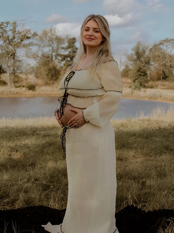 Mumsmode Zwangerchaps Maxi Fotoshoot Jurken Elegant 2-in-1 Boot Nek Pofmouw Abrikoos
