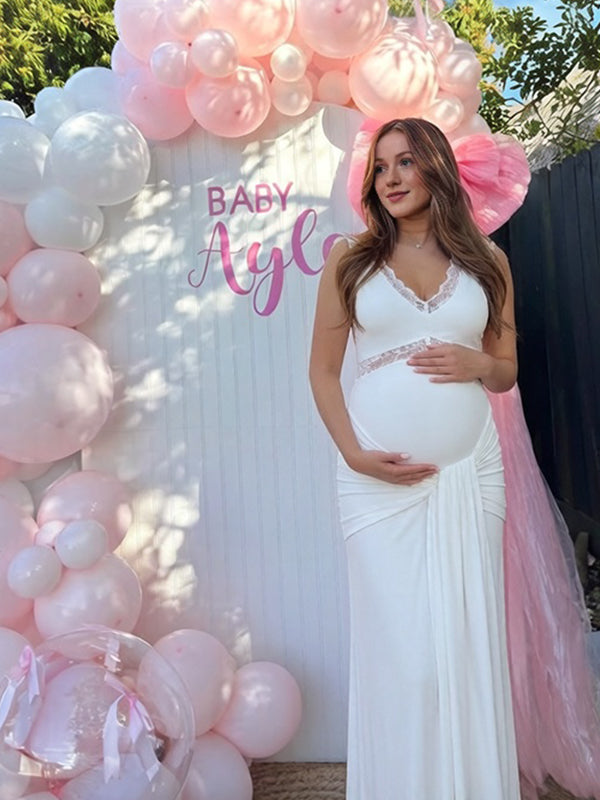 Mumsmode Elegant Kanten Patchwork Vloeiend Lintje Gedrapeerd Babyshower Zwangerschaps Maxi Jurk