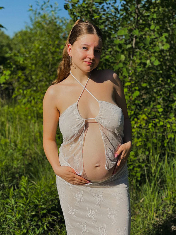 Mumsmode Zwangerchaps Maxi Fotoshoot Jurk Elegant 2-in-1 Kanten Ruches Bandeau