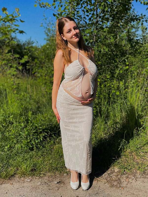 Mumsmode Zwangerchaps Maxi Fotoshoot Jurk Elegant 2-in-1 Kanten Ruches Bandeau