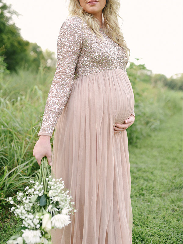 Mumsmode Zwangerschaps Maxi Fotoshoot Jurk Chique Pailletten Tule Gedrapeerd
