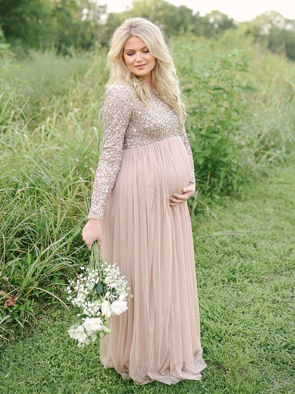 Mumsmode Zwangerschaps Maxi Fotoshoot Jurk Chique Pailletten Tule Gedrapeerd